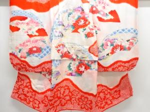 アンティーク　地紙に草花・群鶴模様着物（長襦袢・内袖付き）